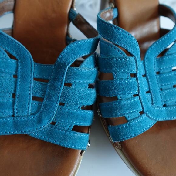 Clarks Y2K Clio Teal Blue Suede Slip-on Tan Leather Wooden High Heels - Picture 3 of 13